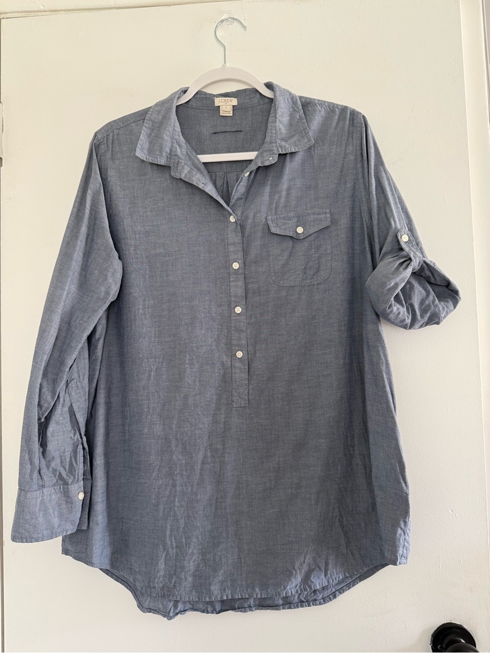 J.Crew Women’s L Blue Chambray Popover Shirt Roll Tab Sleeve